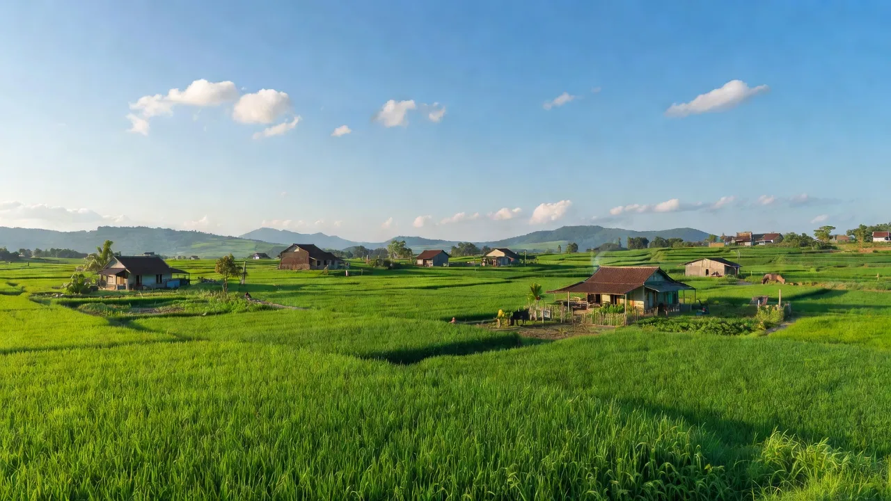 Cảnh đẹp xã Ea Tam, huyện Krông Năng, Đắk Lắk với cánh đồng và nhà dân, nổi bật nông nghiệp.