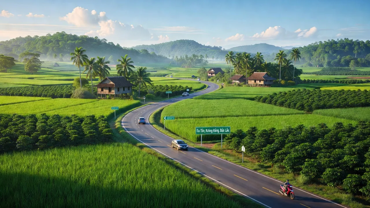 Cảnh quan xã Ea Tân, huyện Krông Năng, Đắk Lắk với cánh đồng xanh và đường giao thông.