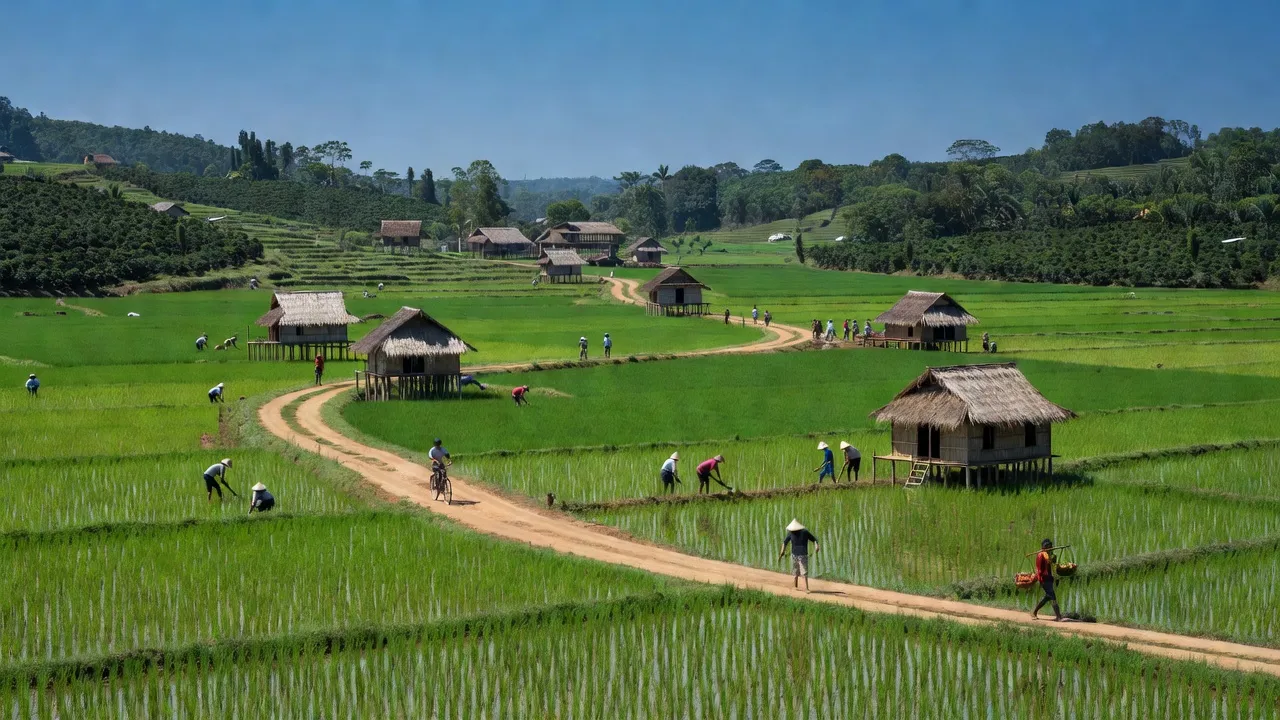 Cảnh quan xanh tươi xã Ea Tân, huyện Krông Năng, Đắk Lắk với đường quốc lộ và nhà truyền thống.