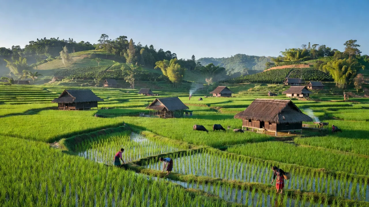 Cảnh quan Xã Ea Tóh, huyện Krông Năng, Đắk Lắk với cánh đồng xanh và nhà truyền thống.