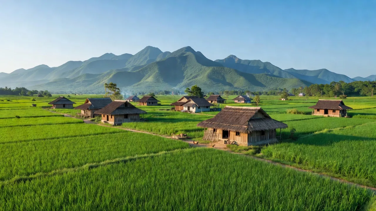 Xã Ea Tóh ở huyện Krông Năng, Đắk Lắk với cánh đồng xanh và nhà truyền thống Việt Nam.