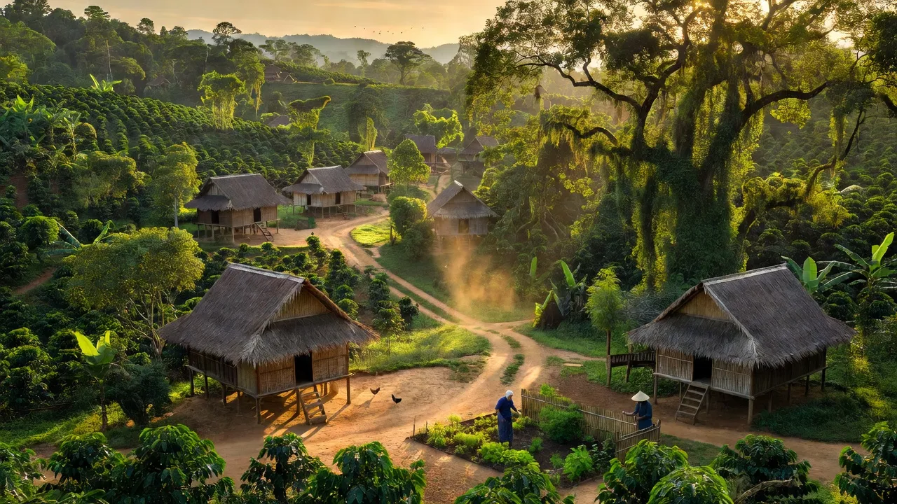Khung cảnh thơ mộng của xã Phú Lộc, huyện Krông Năng, tỉnh Đắk Lắk với nhà truyền thống và thiên nhiên xanh tươi.