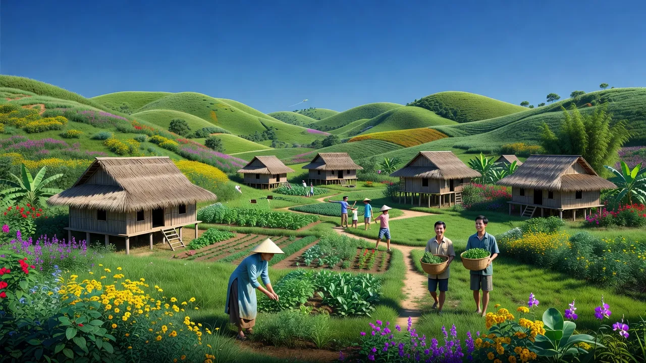 Khung cảnh xã Phú Lộc, huyện Krông Năng với những ngọn đồi xanh tươi và nhà cửa truyền thống.