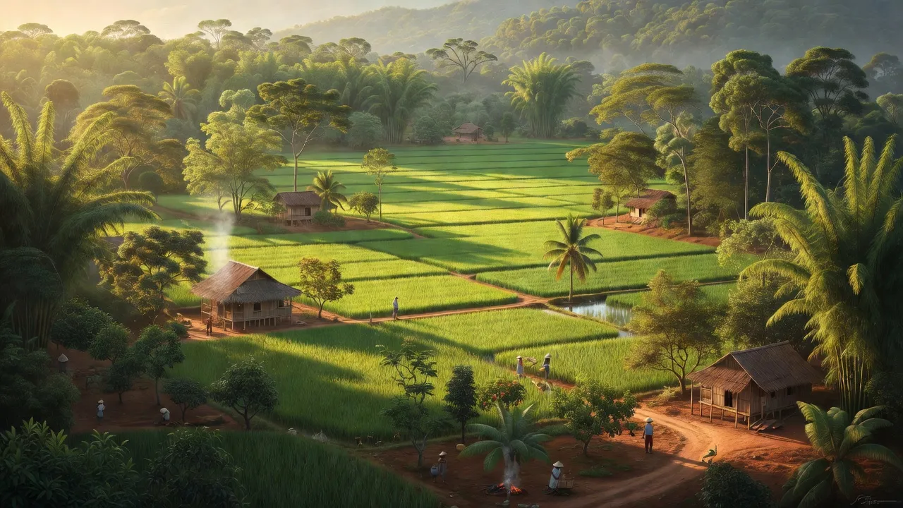 Khung cảnh yên bình tại Xã Phú Xuân, huyện Krông Năng, với đồng ruộng và cây cối xanh.