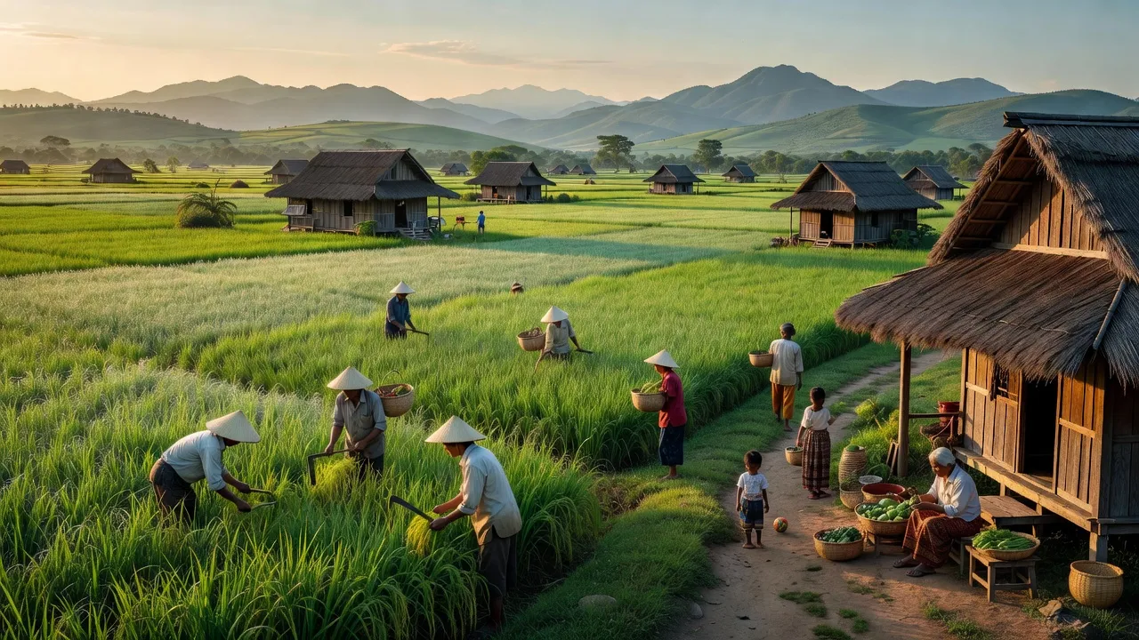 Khung cảnh yên bình tại xã Tam Giang, huyện Krông Năng với cánh đồng xanh và nhà truyền thống.