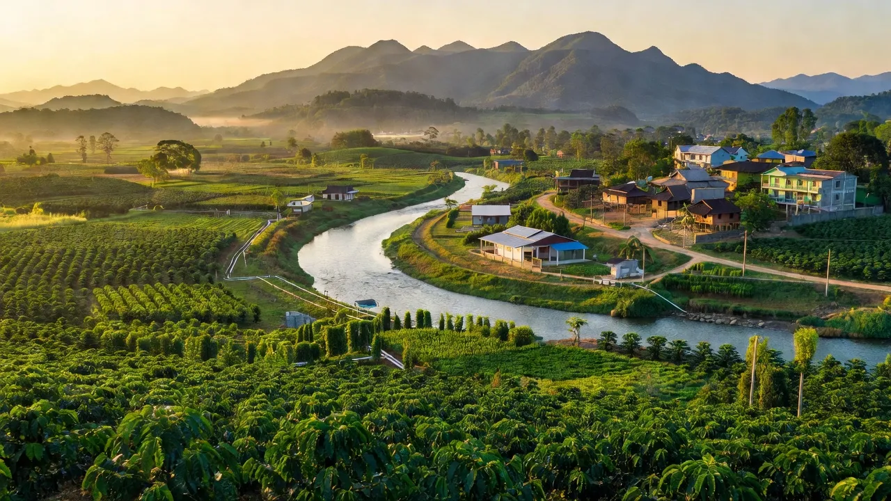 Cảnh đẹp huyện Krông Pắc, Đắk Lắk với cánh đồng xanh và núi non, tạo nên vẻ đẹp tự nhiên.