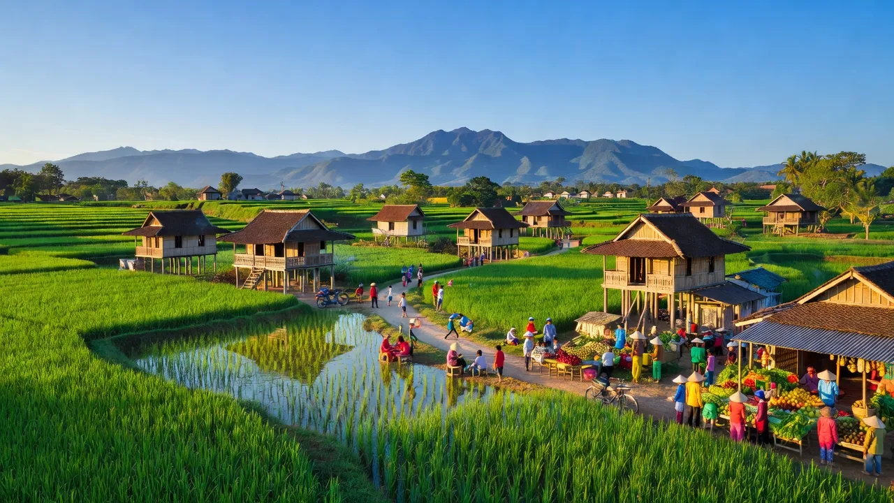 Khung cảnh huyện Krông Pắc, Đắk Lắk với đồng xanh, nhà truyền thống và cuộc sống cộng đồng sôi động.