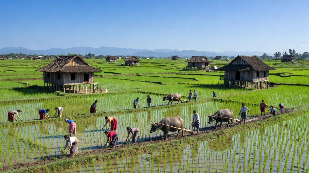 Cảnh đẹp xã Ea Hiu, huyện Krông Pắc, Đắk Lắk với đồng lúa xanh tươi và người dân địa phương.