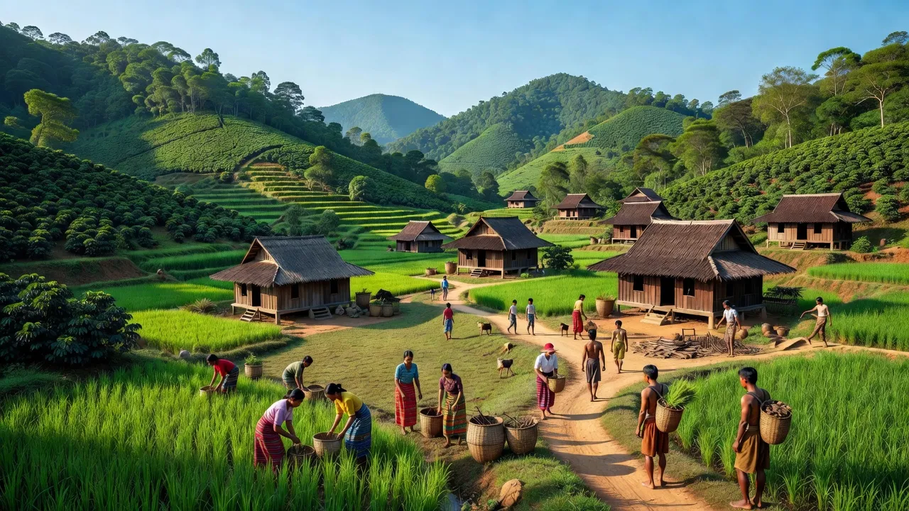 Cảnh quan Xã Ea Hiu tỉnh Đắk Lắk với nhà gỗ và đồng bào dân tộc, thiên nhiên tươi đẹp.