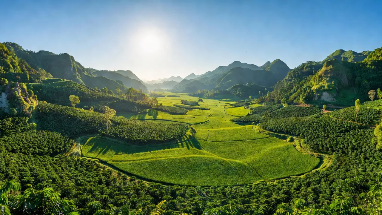 Cảnh đẹp xã Ea Kênh, huyện Krông Pắc, Đắk Lắk với cánh đồng xanh, rừng và trời trong.