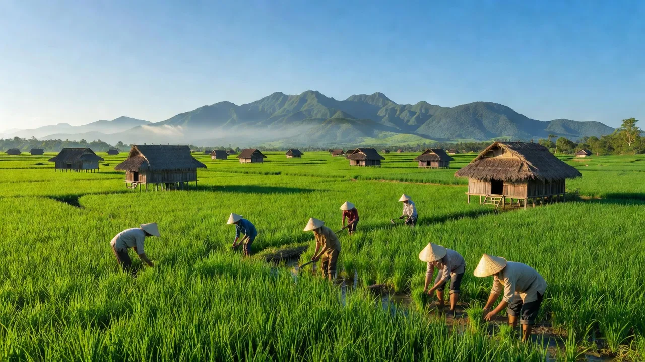 Cảnh quan xã Ea Kly, huyện Krông Pắc, Đắk Lắk với cánh đồng xanh và núi xa, thể hiện sự bình yên.