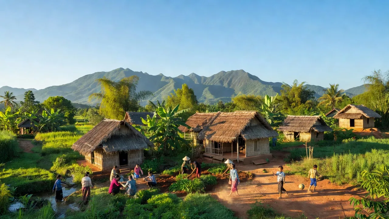 Quang cảnh làng Ea Kly, huyện Krông Pắc, Đắk Lắk với nhà tranh và thiên nhiên tươi đẹp.