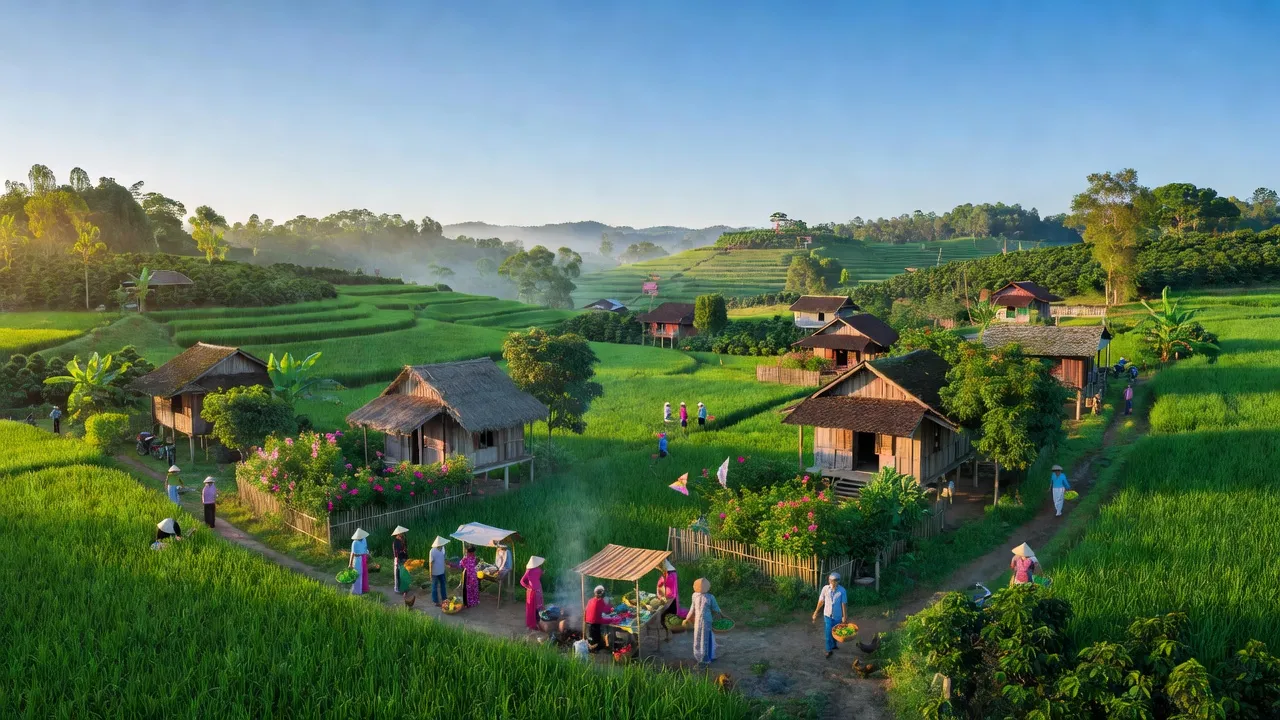 Khung cảnh Xã Ea Phê, huyện Krông Pắc, tỉnh Đắk Lắk với thiên nhiên tươi đẹp và cuộc sống sôi động.