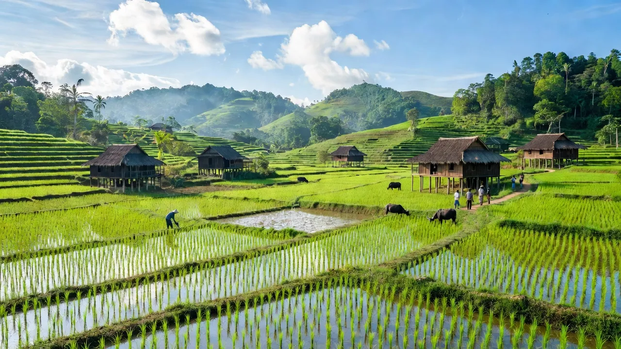 Cảnh quan nông thôn xã Ea Uy, huyện Krông Pắc, Đắk Lắk, với ruộng lúa và nhà truyền thống.