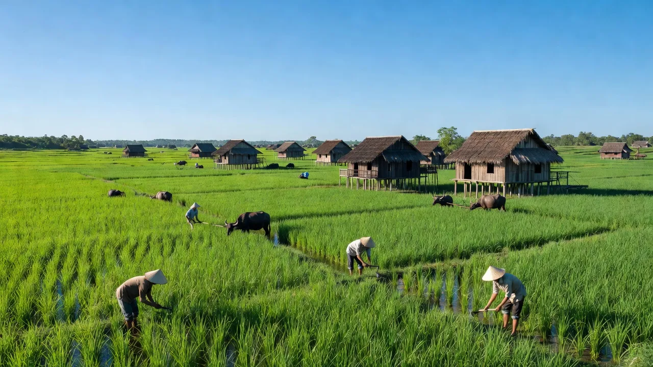Khung cảnh xã Ea Uy, huyện Krông Pắc, Đắk Lắk với ruộng xanh và nhà truyền thống.
