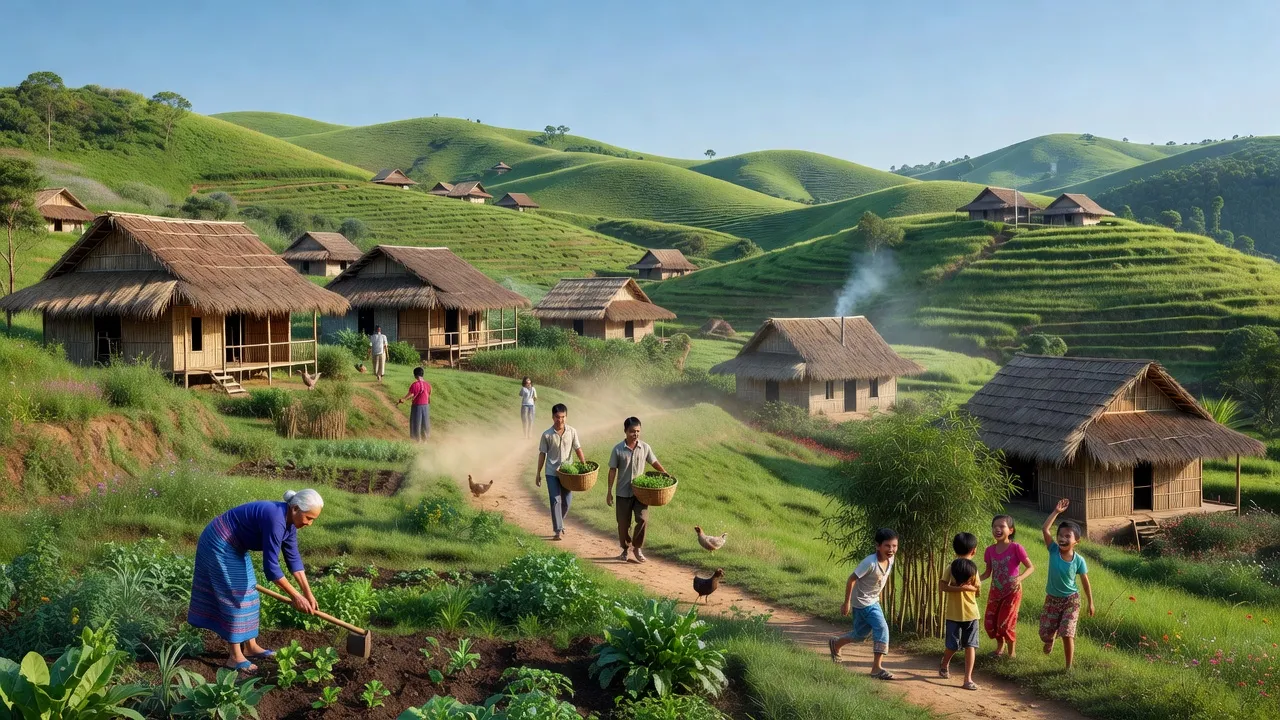 Khung cảnh yên bình xã Ea Yiêng, huyện Krông Pắc, tỉnh Đắk Lắk với những ngôi nhà truyền thống.