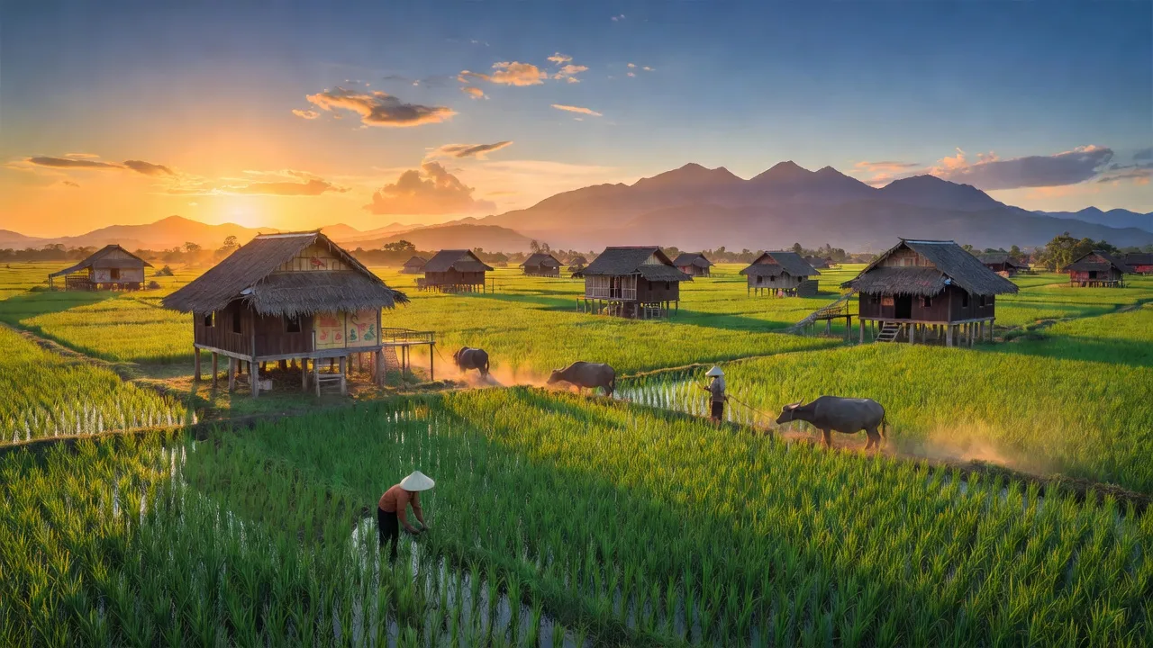 Cảnh quan yên bình của xã Hòa An, huyện Krông Pắc, Đắk Lắk với cánh đồng xanh và nhà truyền thống.