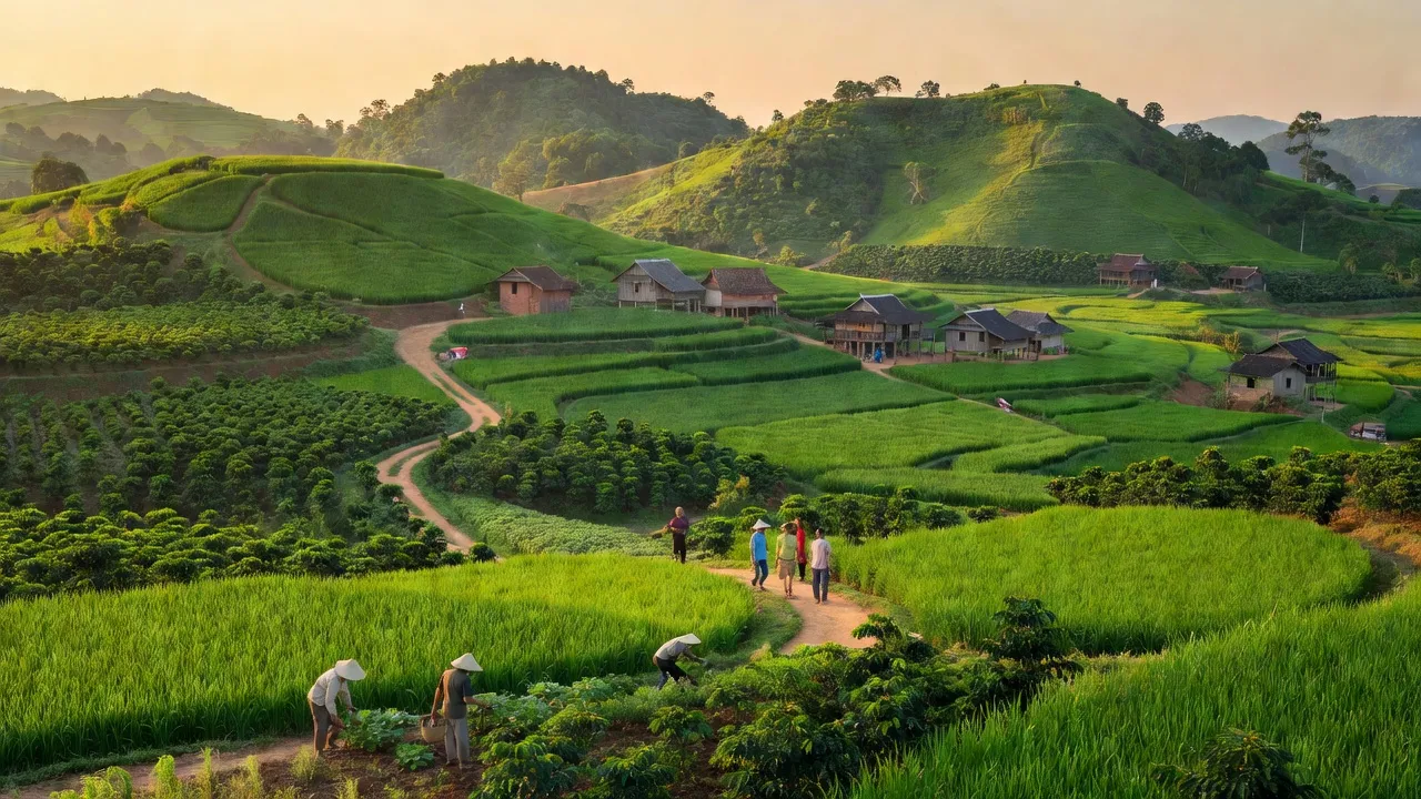 Khung cảnh Xã Hòa Đông, Huyện Krông Pắc, Tỉnh Đắk Lắk với đồi núi và cánh đồng xanh tươi.