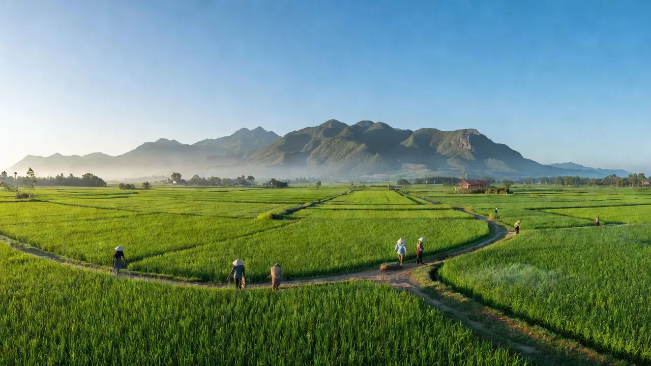 Cảnh đẹp xã Hòa Tiến, huyện Krông Pắc, Đắk Lắk với cánh đồng và núi đồi xanh tươi.