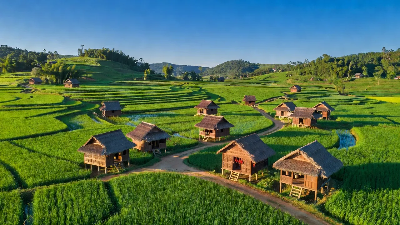 Khung cảnh xã Krông Búk, huyện Krông Pắc, tỉnh Đắk Lắk với cánh đồng xanh và nhà sàn truyền thống.
