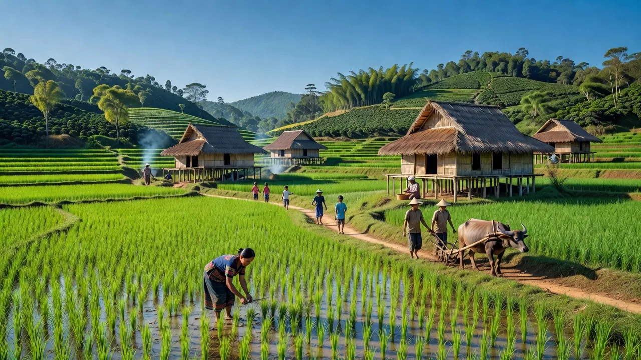 Nông thôn Xã Tân Tiến, huyện Krông Pắc, Đắk Lắk với đồng lúa xanh và nhà truyền thống.