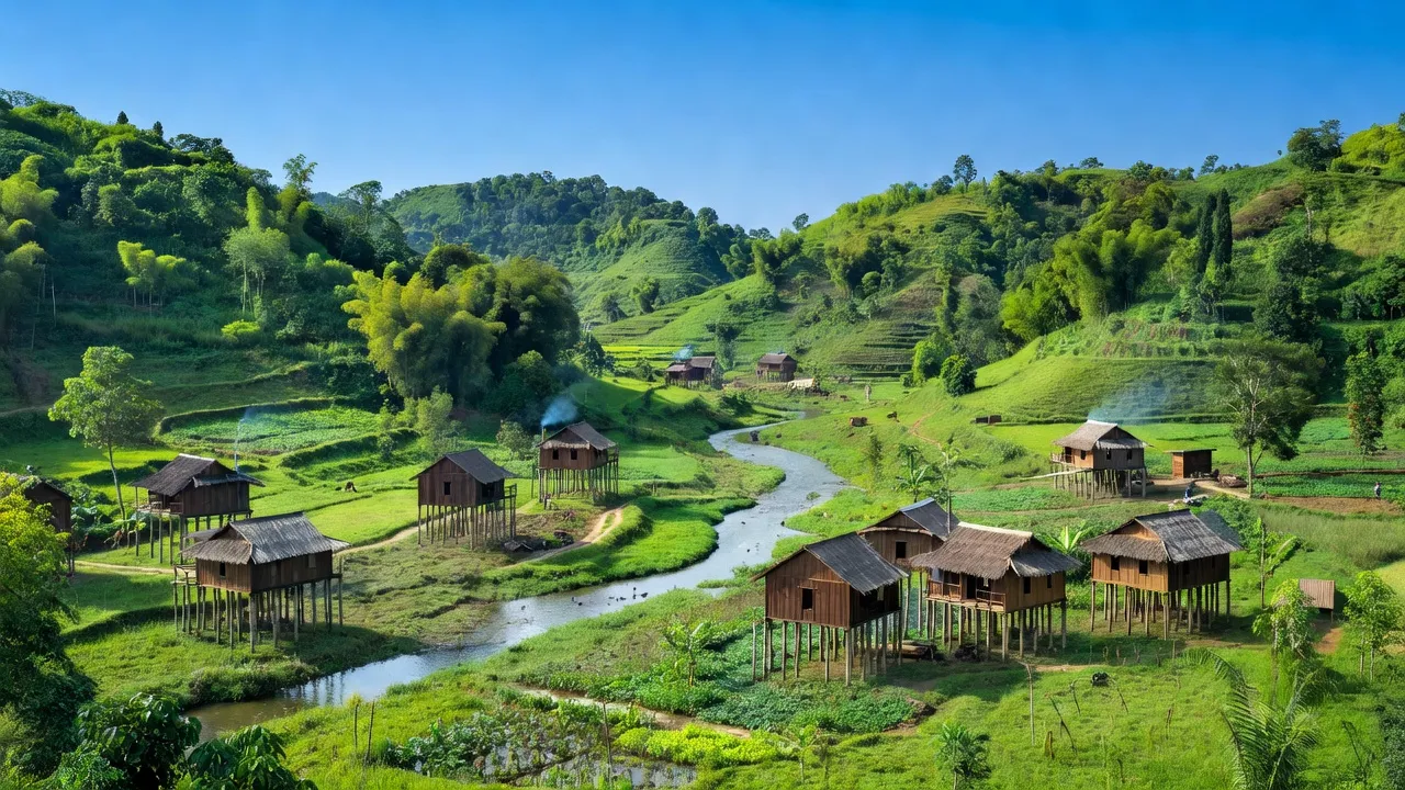 Cảnh quan huyện Lắk, Đắk Lắk với đồi xanh, sông và nhà sàn truyền thống, thể hiện nét đẹp thiên nhiên.
