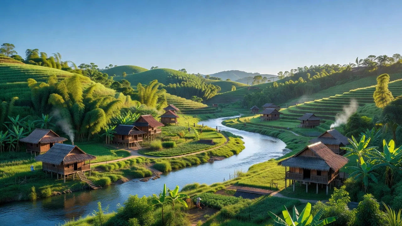 Thiên nhiên huyện Lắk, Đắk Lắk với đồi núi xanh tươi, sông suối và nhà gỗ truyền thống.