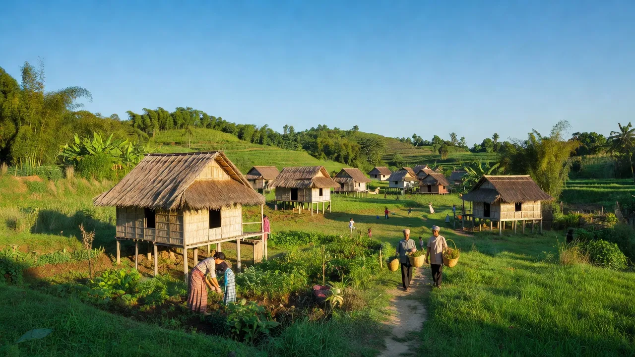 Phong cảnh xã Bông Krang huyện Lắk Đắk Lắk, nhà sàn, đồng bào dân tộc, thiên nhiên tươi đẹp.