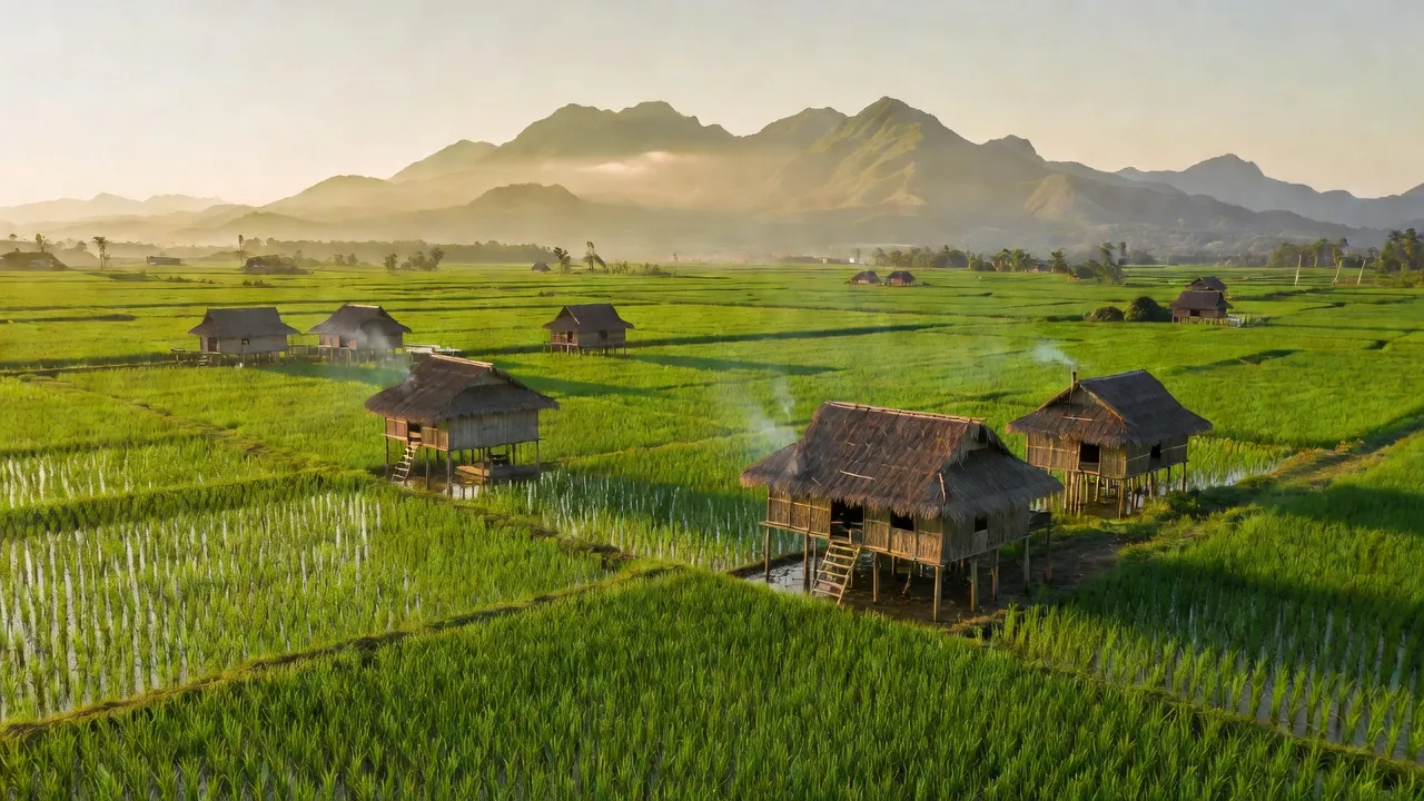 Cảnh nông thôn xã Đắk Liêng, huyện Lắk, tỉnh Đắk Lắk, với cánh đồng và núi xanh.
