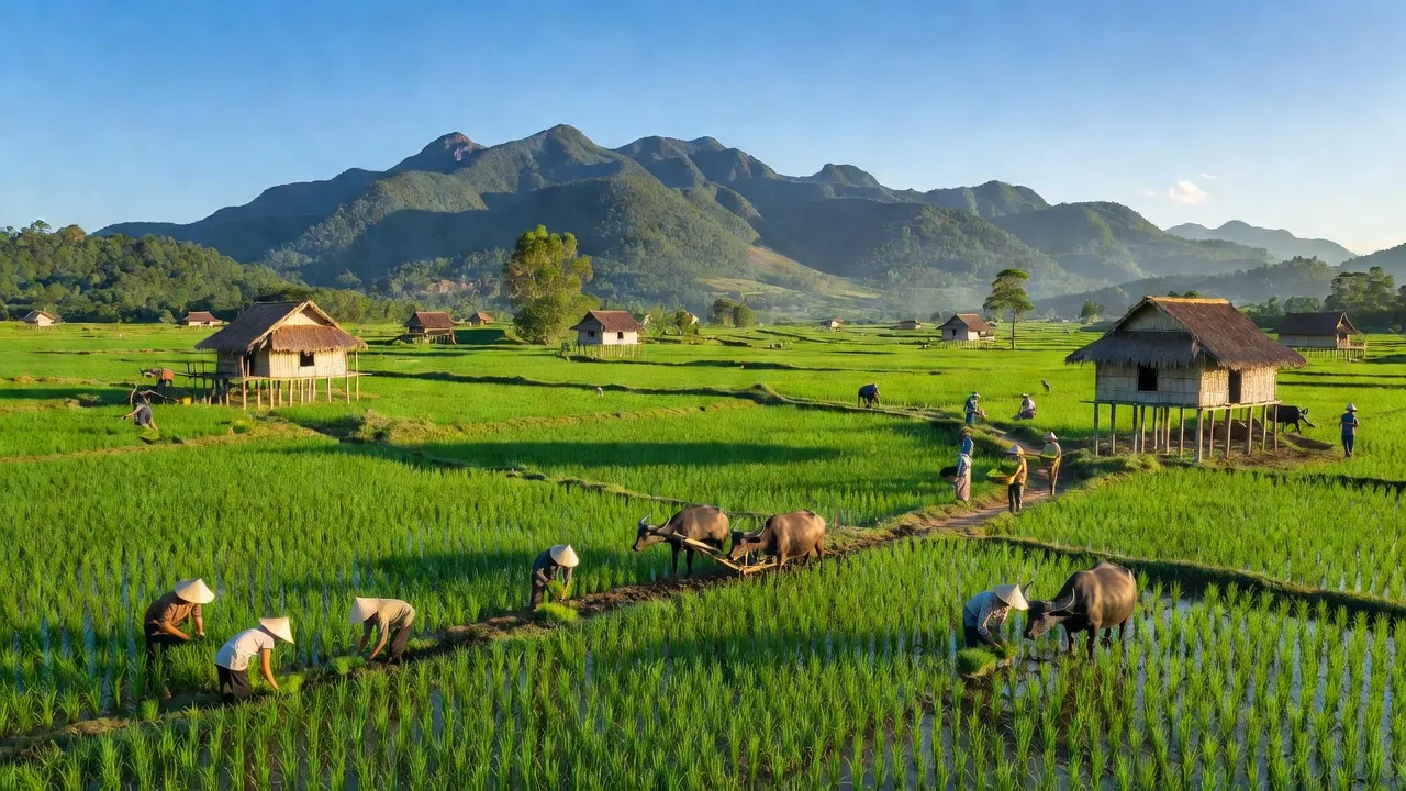 Cảnh quan xã Đắk Liêng với nhà sàn và cánh đồng xanh, huyện Lắk, tỉnh Đắk Lắk.