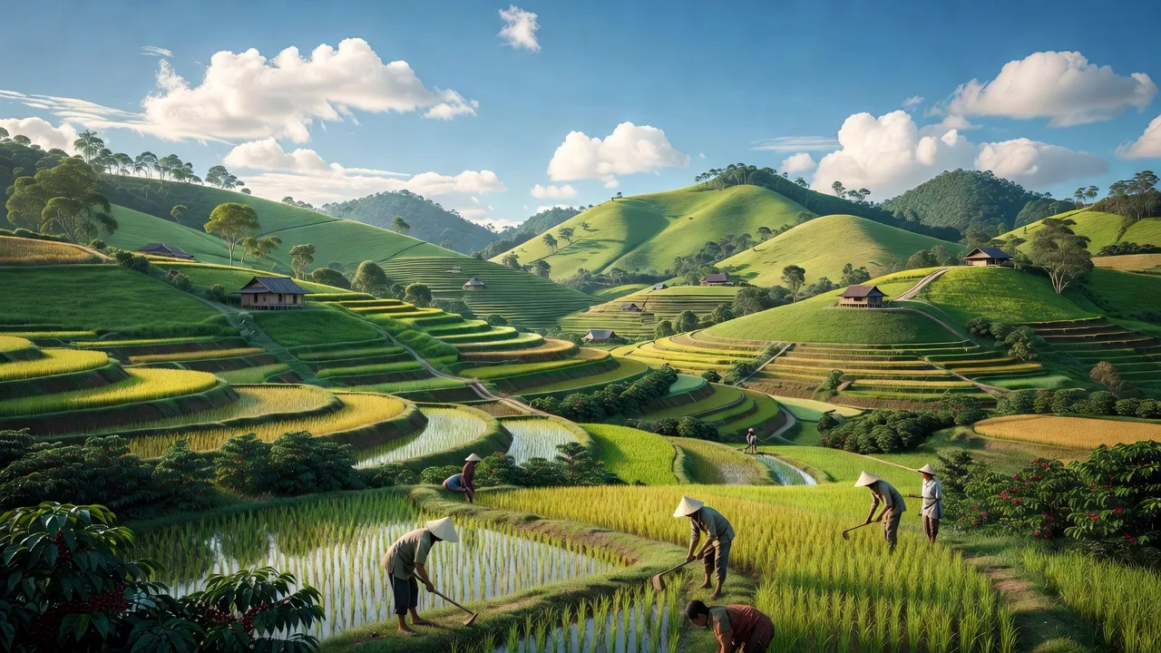 Cảnh sắc bình yên xã Đắk Phơi, huyện Lắk, tỉnh Đắk Lắk với những đồi xanh và nông dân làm việc.