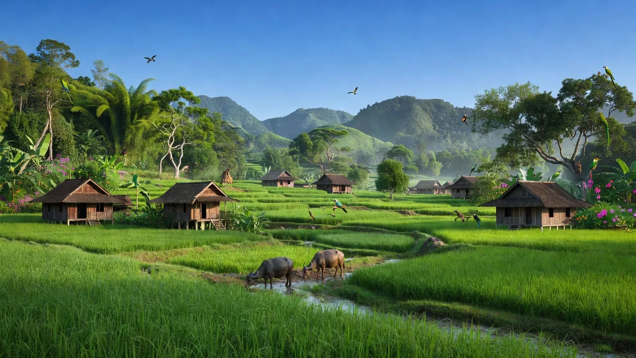 Khung cảnh xanh mướt của xã Ea R'Bin, huyện Lắk, Đắk Lắk với nhà gỗ và cây cối.