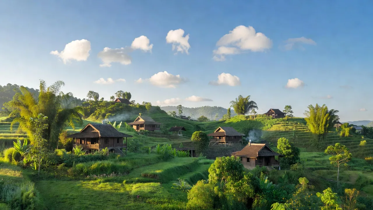 Thị trấn Liên Sơn, huyện Lắk, tỉnh Đắk Lắk với đồi núi xanh, ngôi nhà gỗ và bầu trời trong xanh.