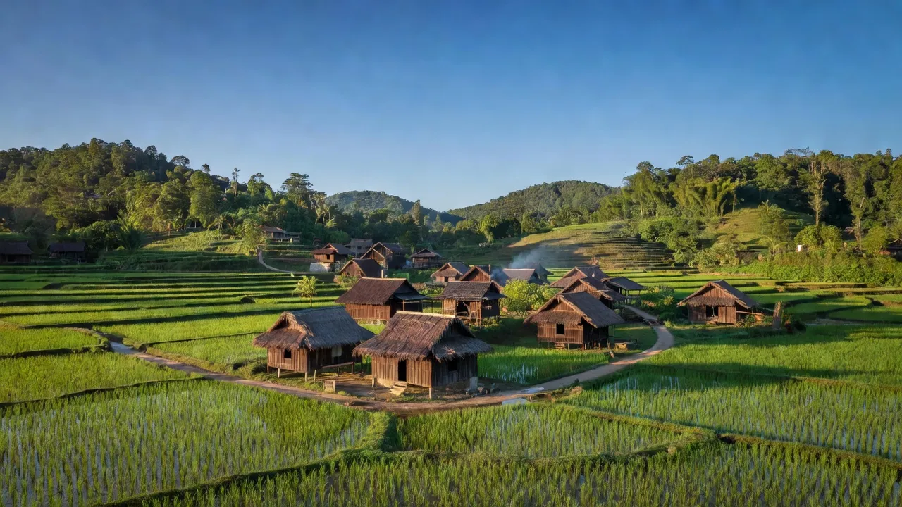 Khung cảnh làng Nam Ka, huyện Lắk, tỉnh Đắk Lắk với cánh đồng xanh tươi và nhà gỗ truyền thống.