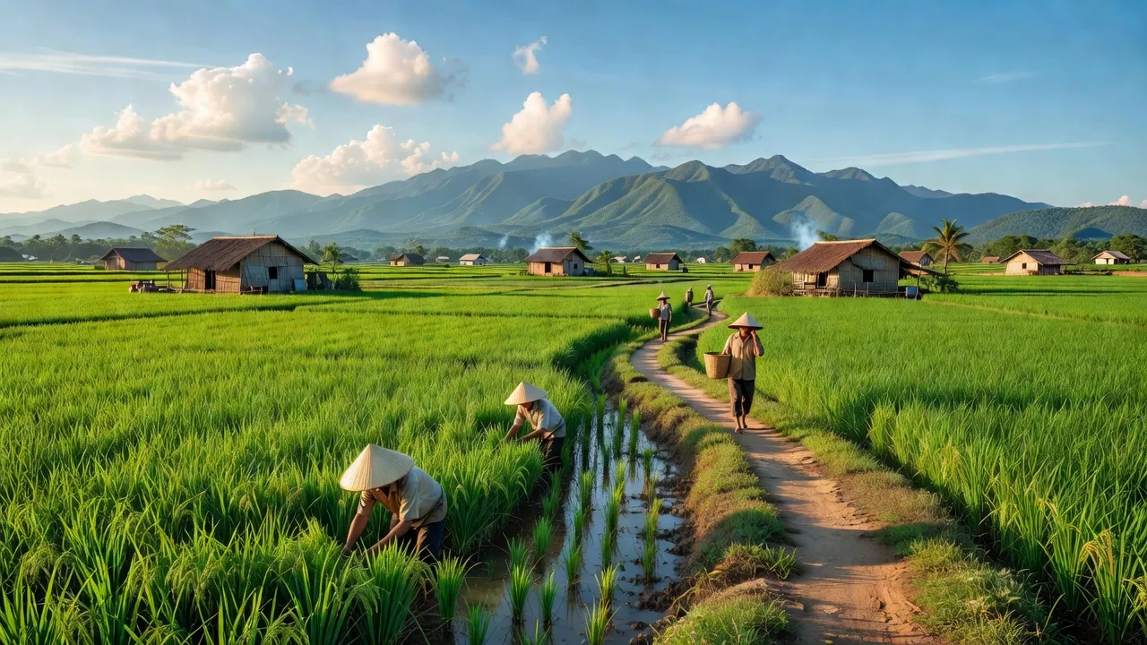 Khung cảnh nông thôn xã Nam Ka, huyện Lắk, tỉnh Đắk Lắk với cánh đồng xanh tươi và nhà truyền thống.