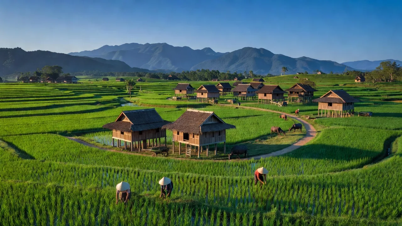 Cảnh sắc làng Yang Tao, huyện Lắk, Đắk Lắk với đồng lúa xanh mướt và núi xa.