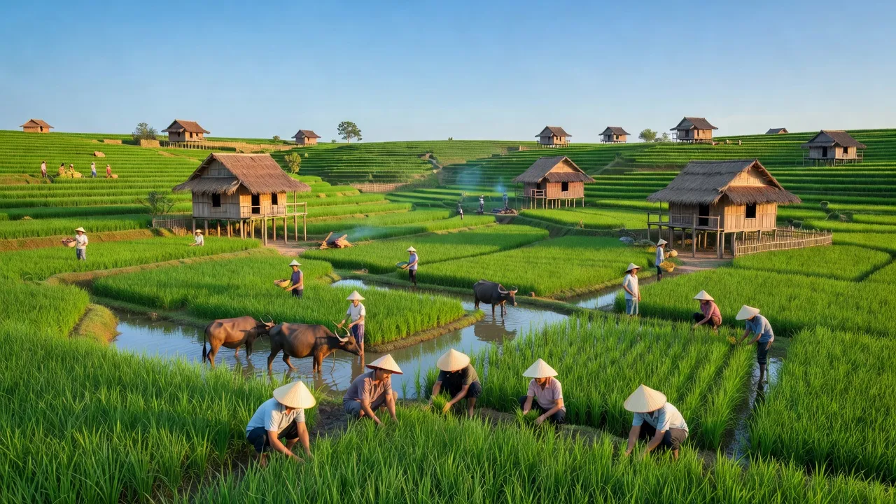 Khung cảnh xanh tươi ở xã Yang Tao, huyện Lắk, Đắk Lắk với người dân và ruộng bậc thang.