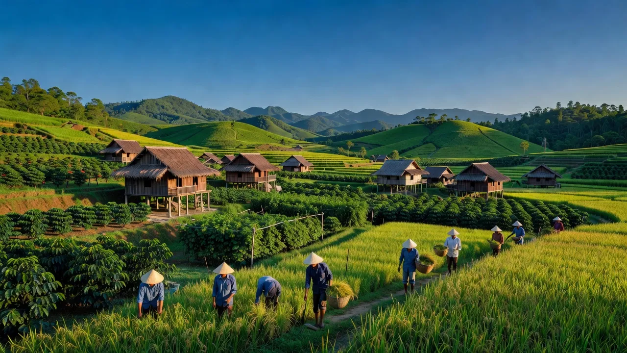Cư K Róa, M'Đrắk district, Đắk Lắk: lush hills, farms, traditional homes in vibrant landscape.