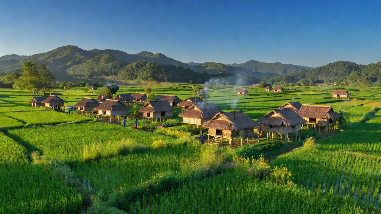 Cảnh quan xã Cư M'ta, huyện M'Đrắk, Đắk Lắk với đồng ruộng xanh tươi và nhà truyền thống.