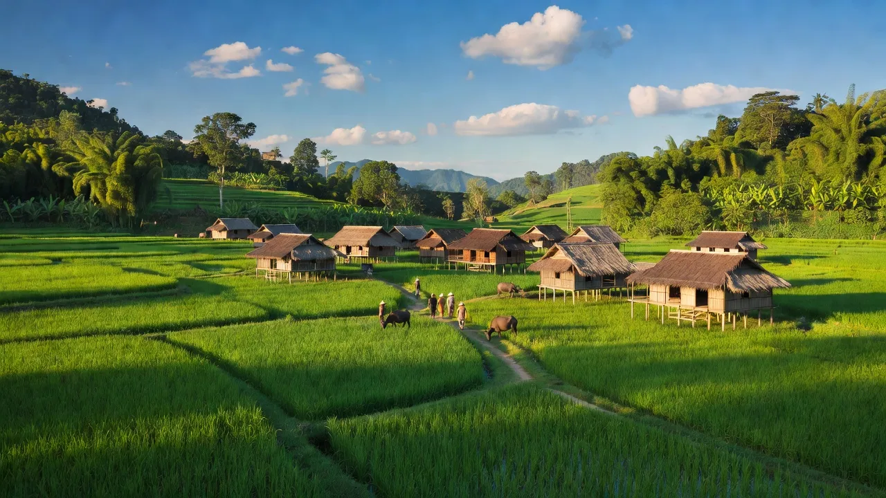 Cảnh đẹp xã Cư San, huyện M'Đrắk, Đắk Lắk với cánh đồng xanh và nhà truyền thống.