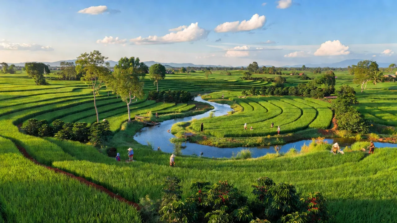 Cảnh nông thôn Ea H'MLay, huyện M'Đrắk, tỉnh Đắk Lắk với đồng xanh và sông Serepok.