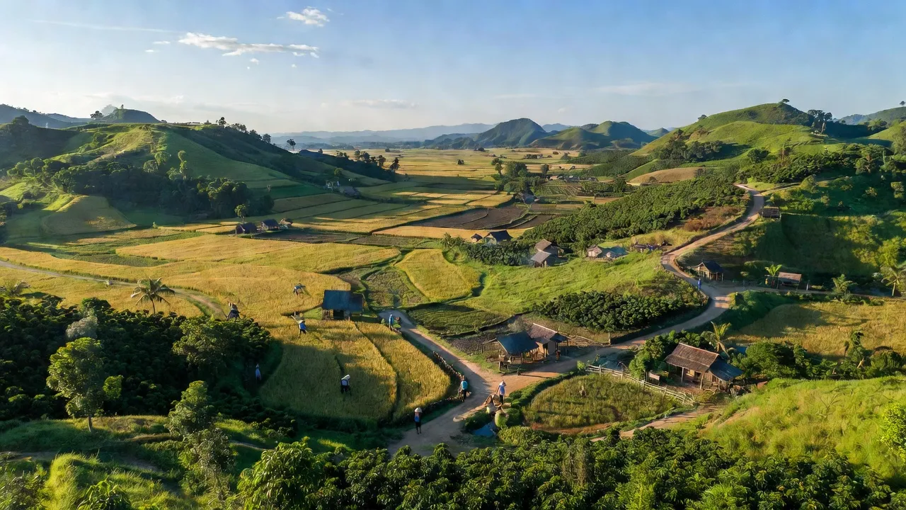 Khung cảnh tự nhiên Ea Lai, huyện M'Đrắk, Đắk Lắk với núi đồi xanh và cánh đồng.