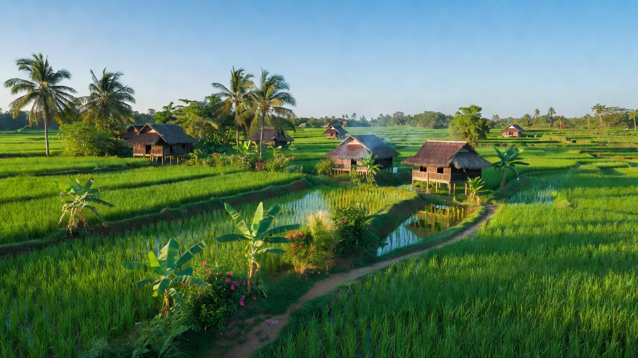 Khung cảnh yên bình tại Xã Ea M' Doal, M'Đrắk, Đắk Lắk với cánh đồng xanh tươi và nhà truyền thống.