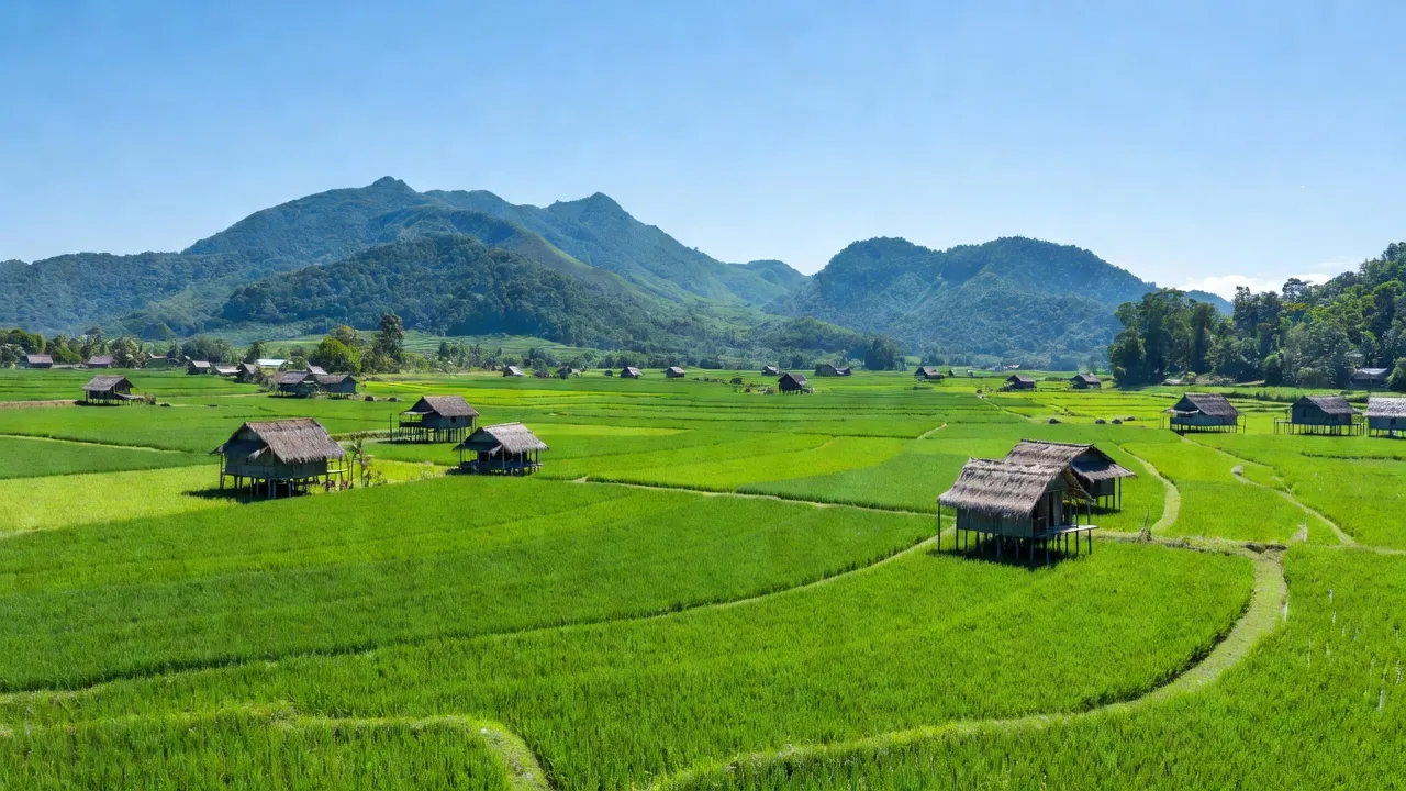 Khung cảnh xã Ea Pil, huyện M'Đrắk, tỉnh Đắk Lắk với cánh đồng xanh và nhà truyền thống.