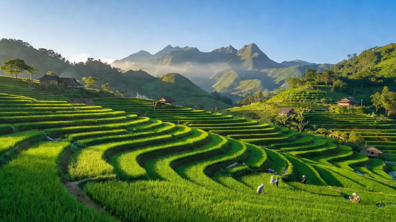Khung cảnh thiên nhiên Ea Riêng, huyện M'Đrắk, Đắk Lắk với ruộng bậc thang và núi.