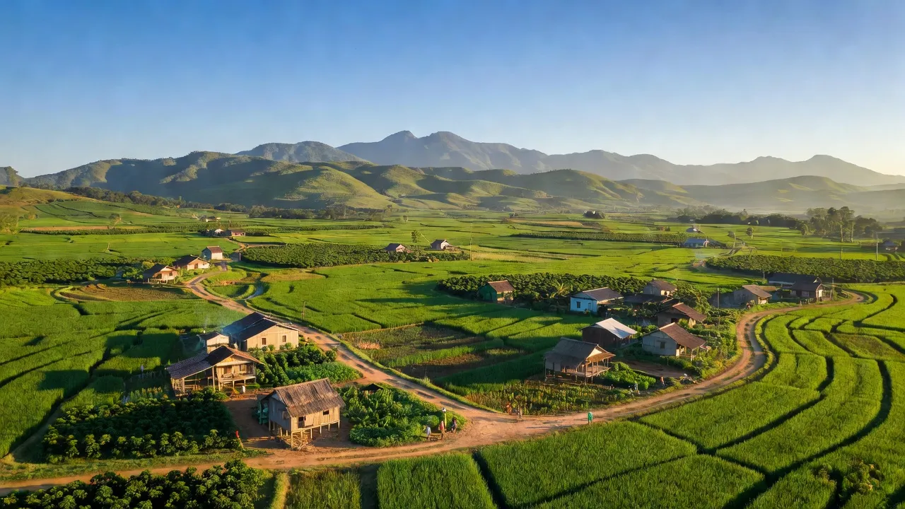 Cảnh đẹp xã Ea Trang, huyện M'Đrắk, Đắk Lắk, với cánh đồng xanh và bầu trời trong xanh.