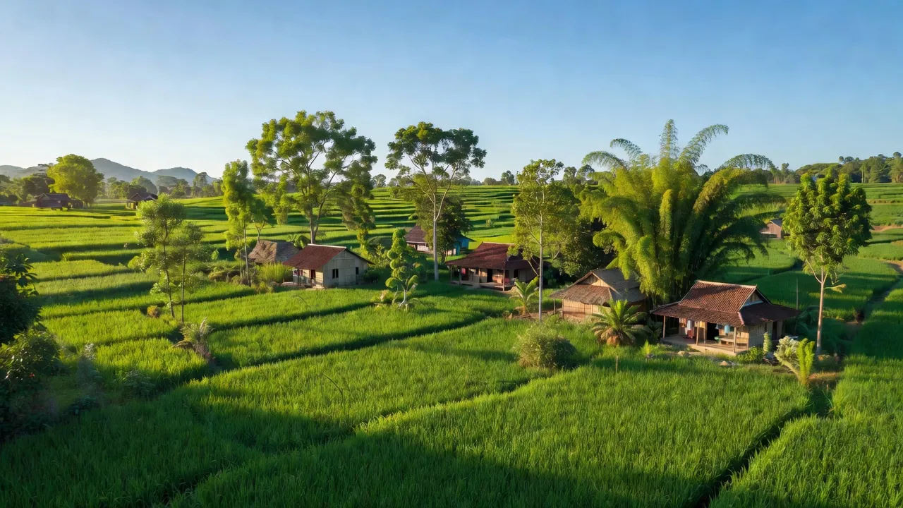 Cánh đồng xanh và nhà dân tại xã Krông Á, huyện M'Đrắk, tỉnh Đắk Lắk, nơi giao thương Tây Nguyên.