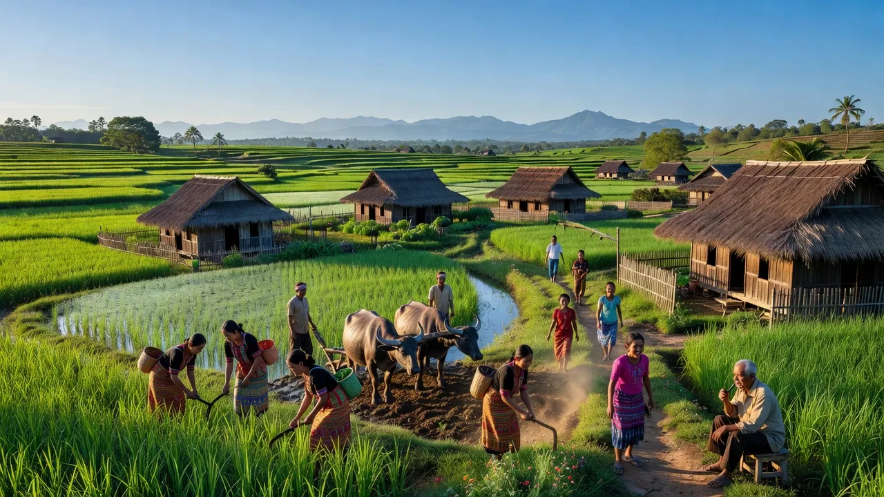 Khung cảnh xã Krông Jing, huyện M'Đrắk, tỉnh Đắk Lắk, với cánh đồng xanh và nhà truyền thống.