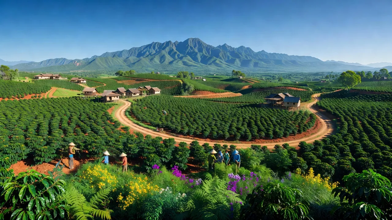 Khung cảnh thiên nhiên tỉnh Đắk Lắk với đồi chè xanh mướt và núi non hùng vĩ.