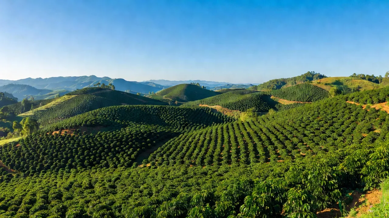 Khung cảnh tỉnh Đắk Lắk với cà phê xanh, đồi núi và bầu trời trong xanh, khí hậu cao nguyên.